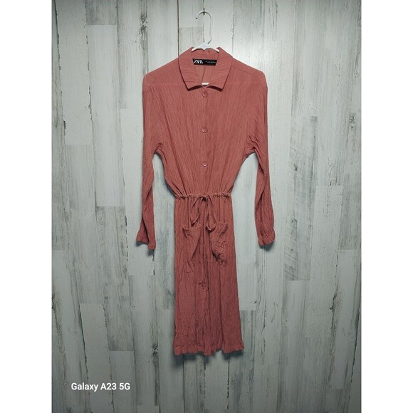 ZARA Shirt Dress Large Belted Crinkle Textured Knee Length Pockets Terra Cotta - Picture 1 of 9